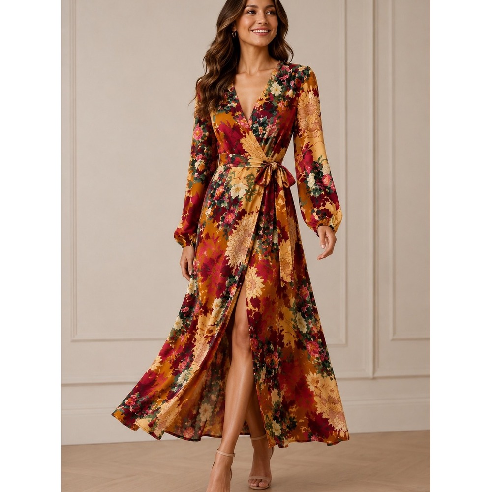 Lulus Burgundy Floral Satin Wrap Maxi Dress XS Wedding Guest Formal Romantic